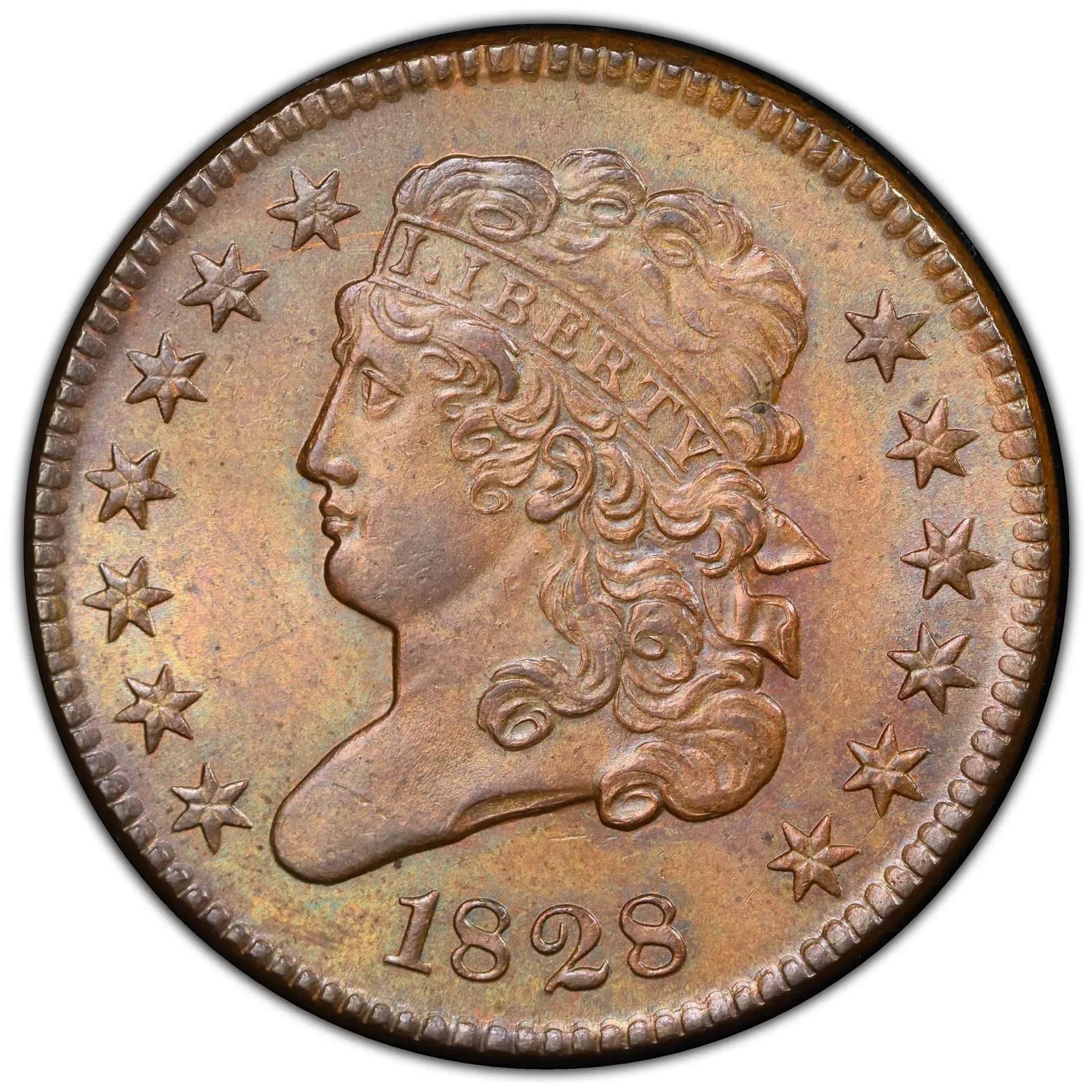 1828 copper coin with a left-facing Liberty profile and stars around the edge