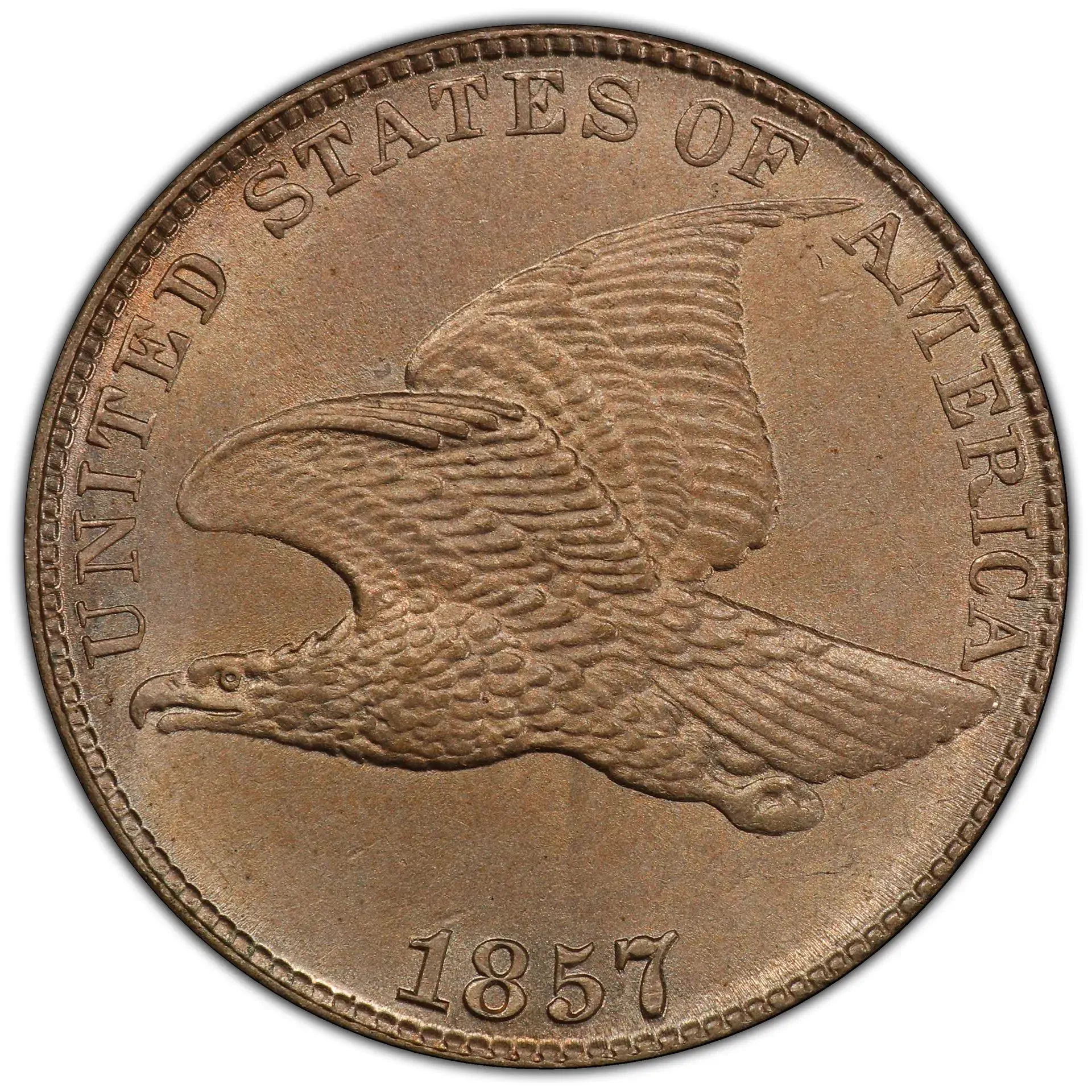 1857 United States Flying Eagle cent coin, copper-colored close-up with eagle design