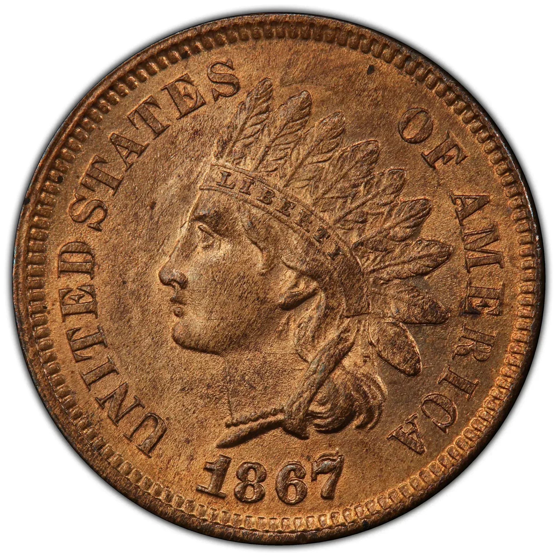 1867 United States Indian Head cent coin, copper-toned with profile and wreath design
