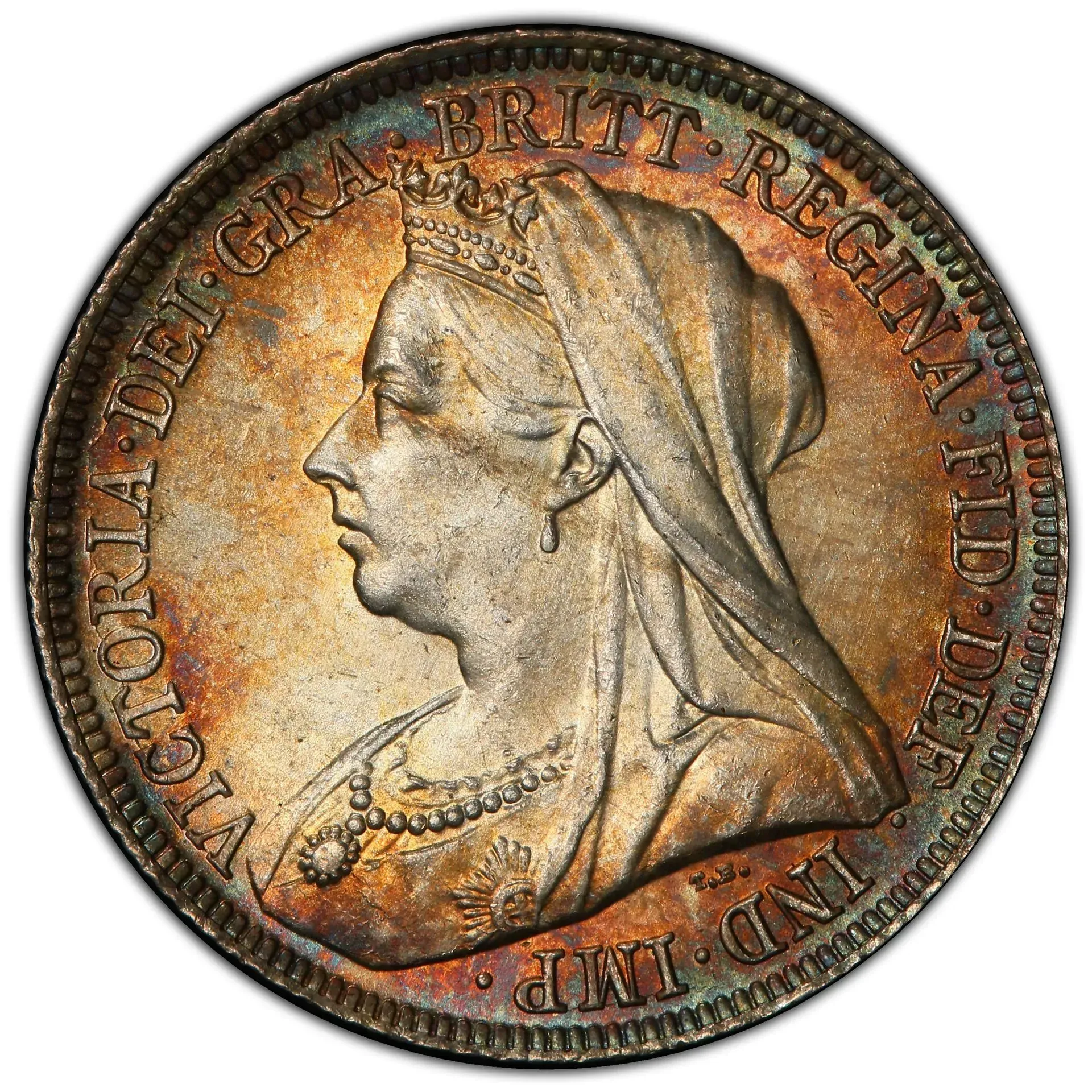 Queen Victoria portrait coin, copper-toned with her profile facing left and Latin inscription around the edge