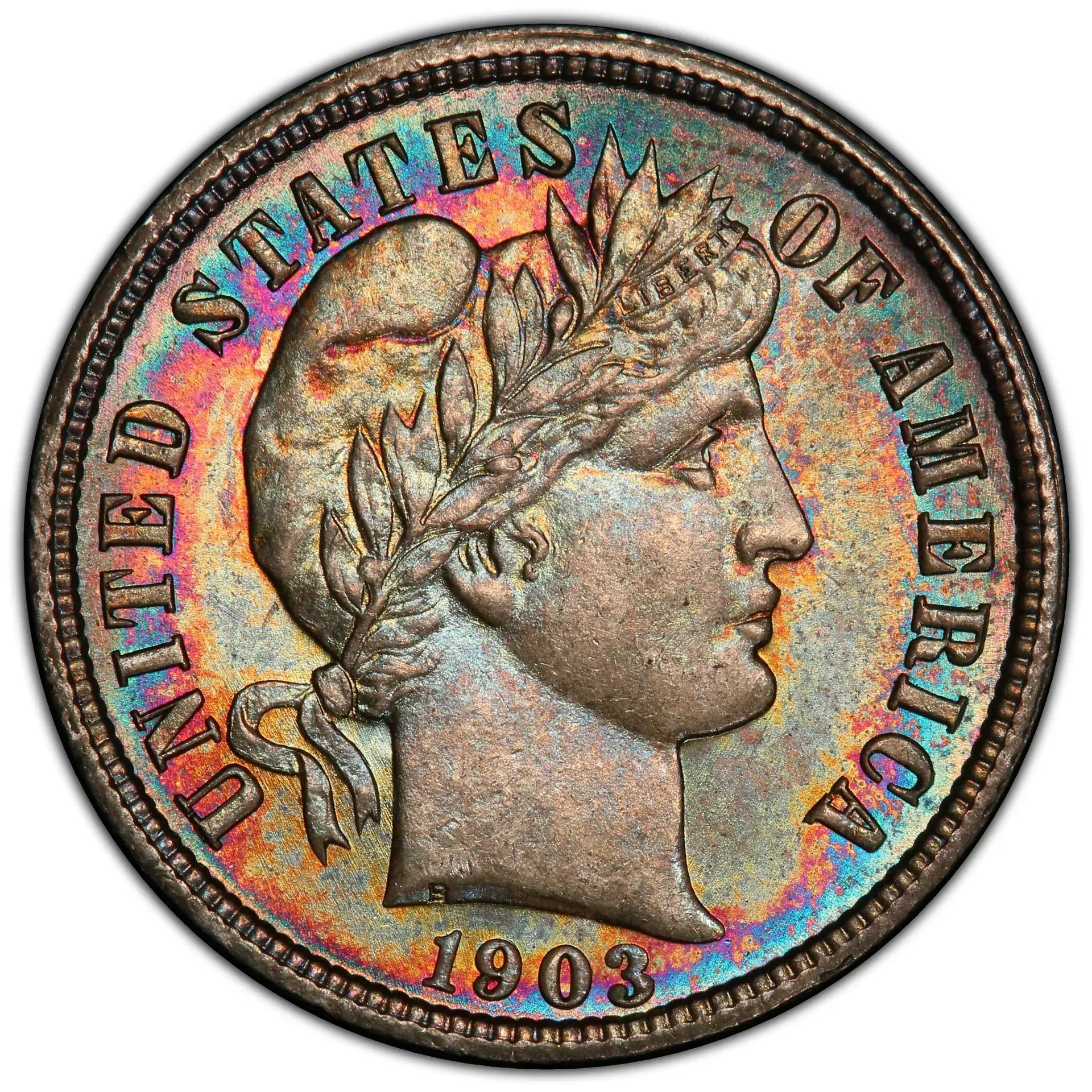 1903 United States Barber half dime coin with rainbow-toned patina and profile portrait