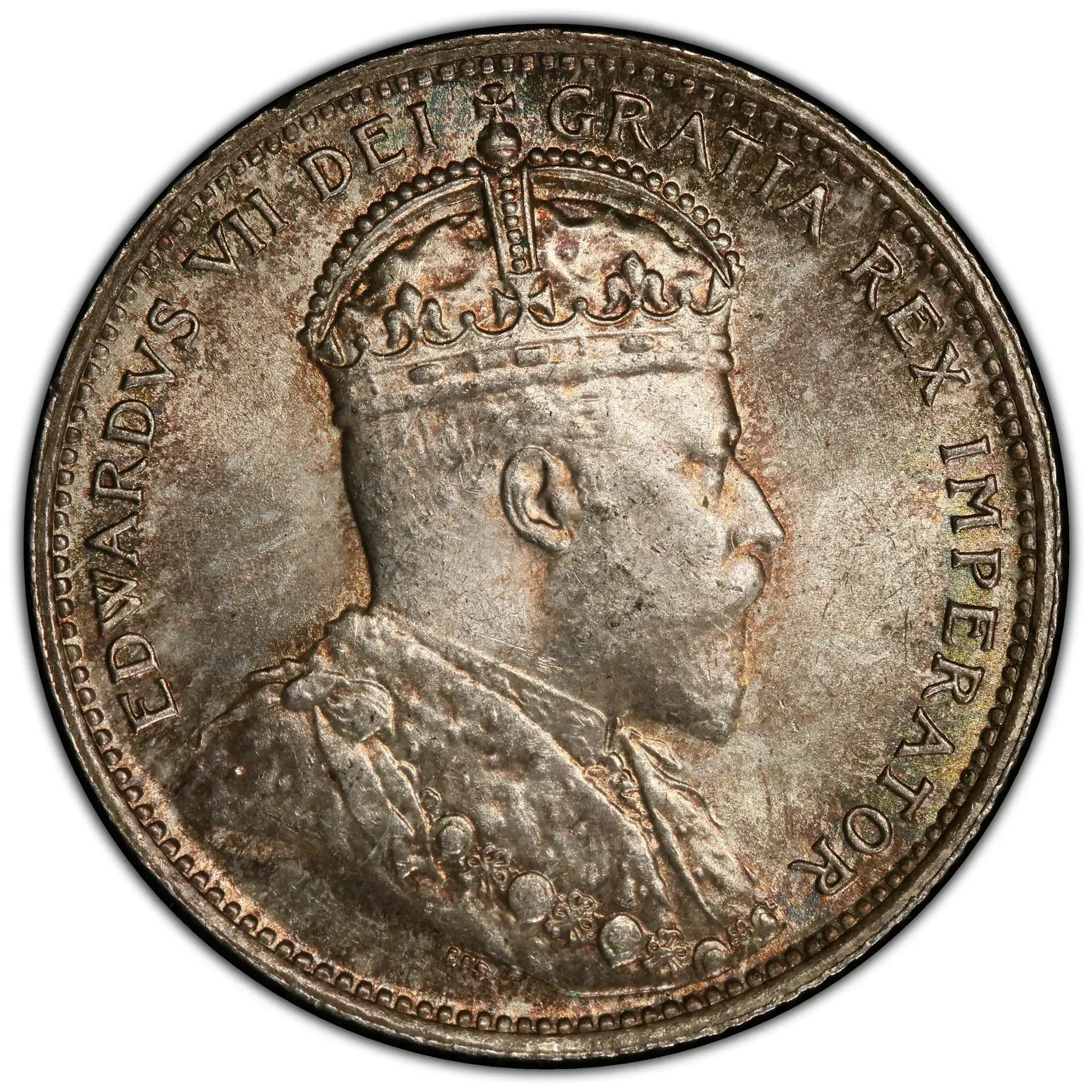 Close-up of a worn silver coin showing a crowned profile bust in relief.