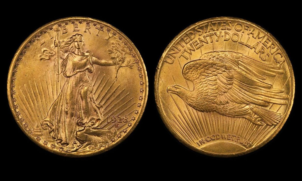 Two gold coins, one showing a standing figure and the other an eagle with spread wings.