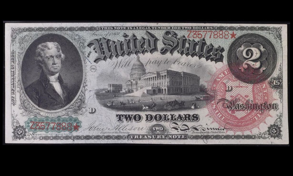 Historic U.S. two-dollar bill with Thomas Jefferson portrait and Monticello engraving