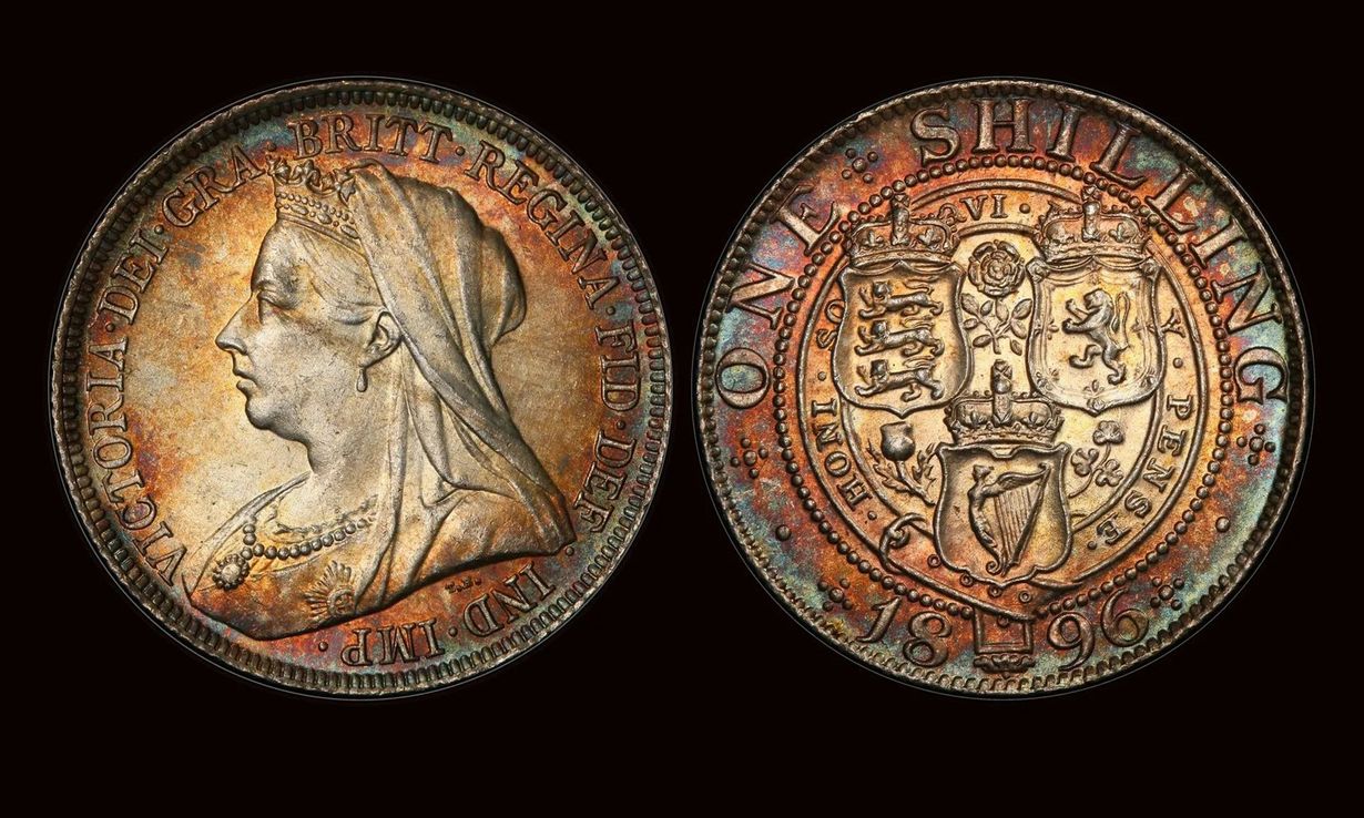 Two views of an antique coin, one showing a profile portrait and the other a detailed coat of arms.