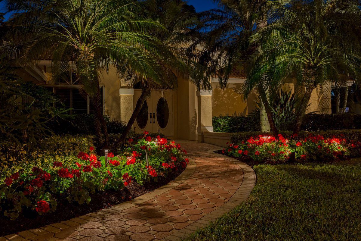 A brick pathway curves toward a house, flanked by red flowers and illuminated palm trees at night.