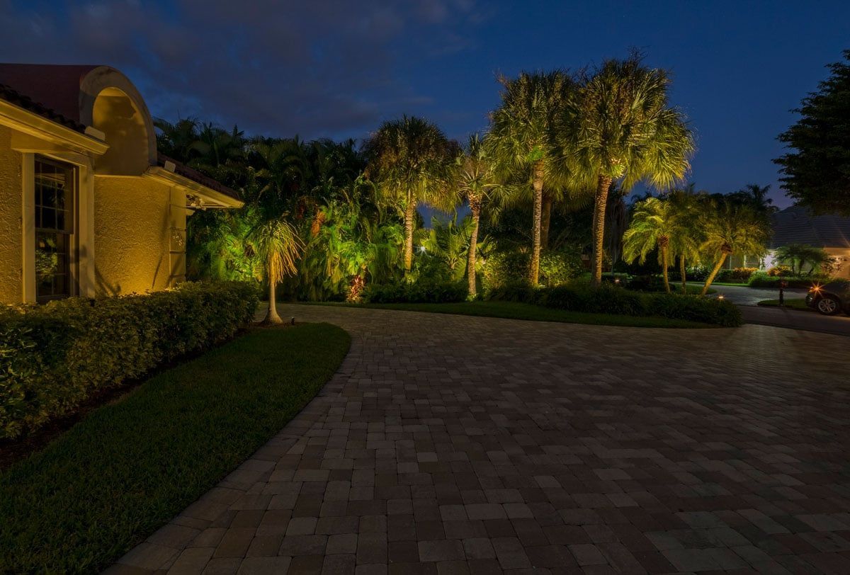 Nighttime view of a house and palm trees illuminated by landscape lighting on a brick driveway.