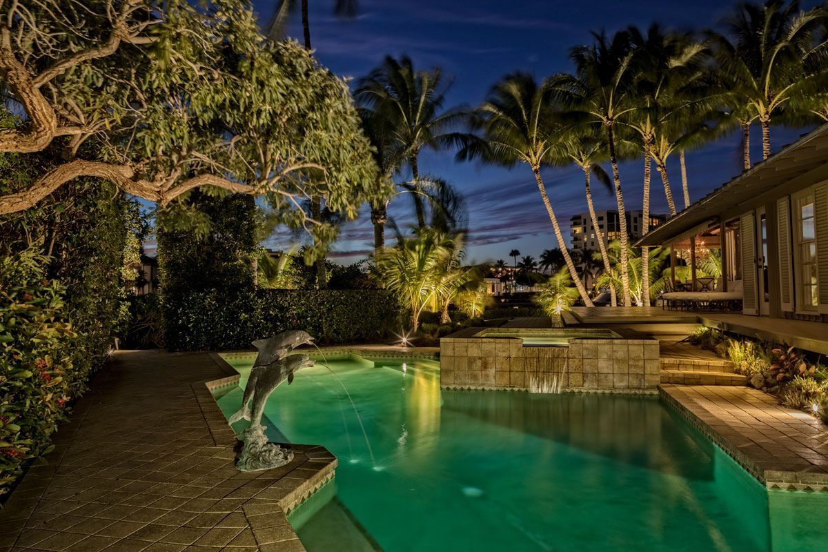 Pool at night lit by ambient lights with palm trees in the background. Bronze dolphin statue on the side.