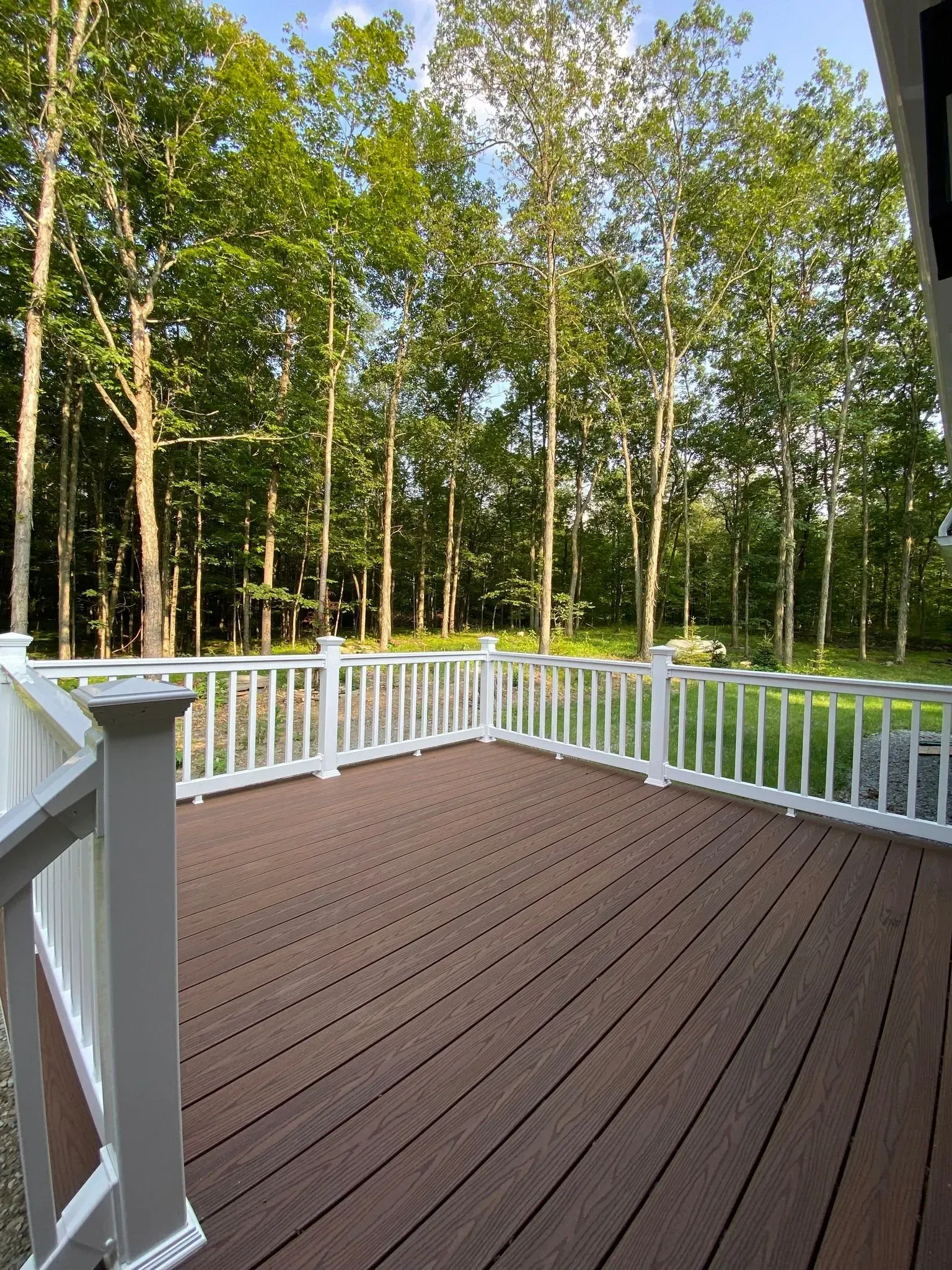 A wooden deck with a white railing overlooks a lush green forest on a sunny day.