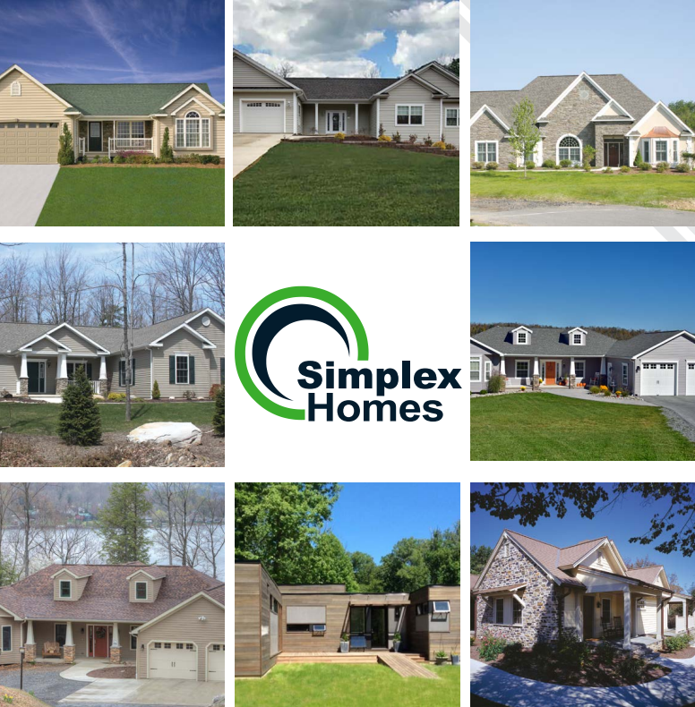 Collage of suburban house exteriors with the Simplex Homes logo in the center.