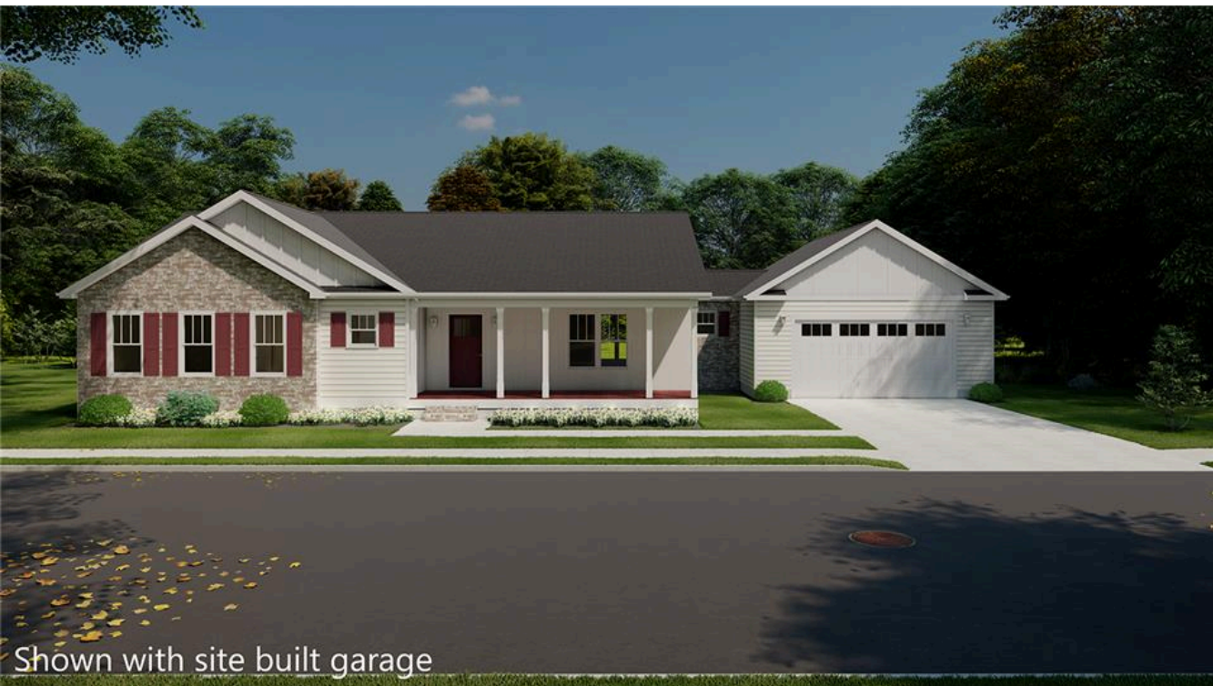 Single-story suburban house with red shutters and attached garage, shown from the street.