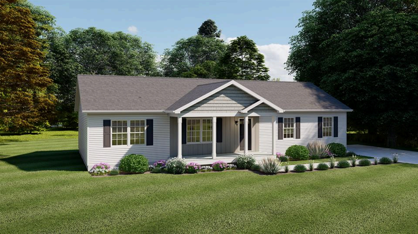 Single-story gray house with white trim, front porch, and a well-kept lawn under a clear sky.