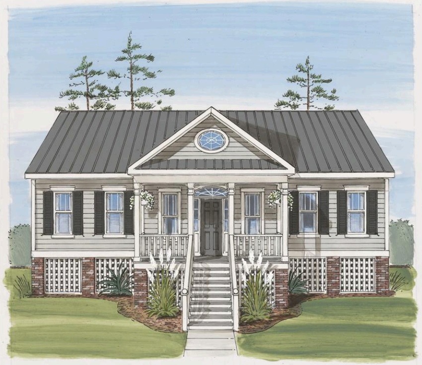 Front view of a gray cottage-style house with white trim, porch steps, and a central gable window.
