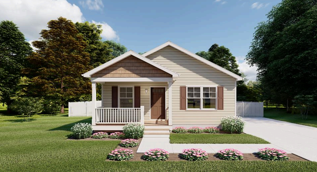 Small beige house with a front porch, white trim, and a landscaped yard on a sunny day