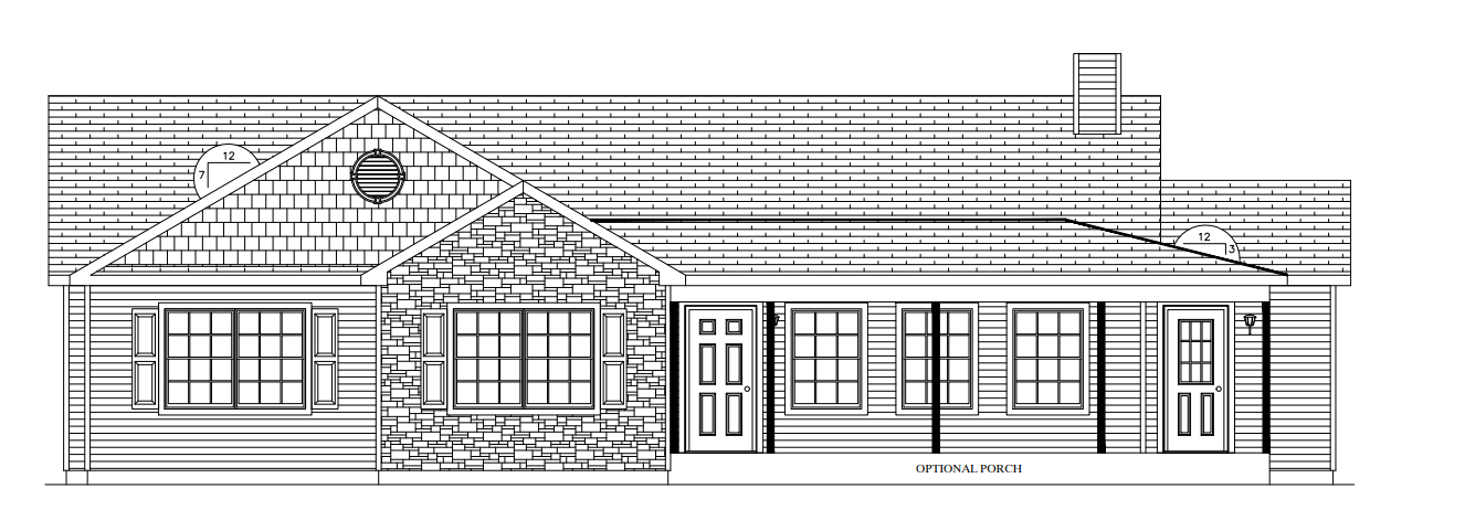 Architectural elevation of a single-story house with a front porch and many windows