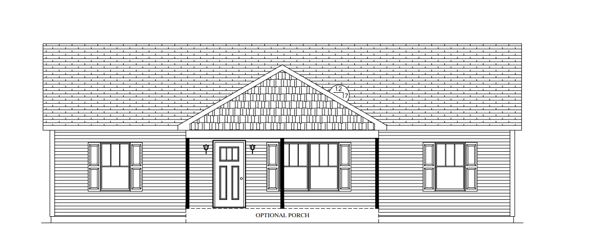 Black-and-white architectural elevation of a house with porch, windows, door, and roof detail.