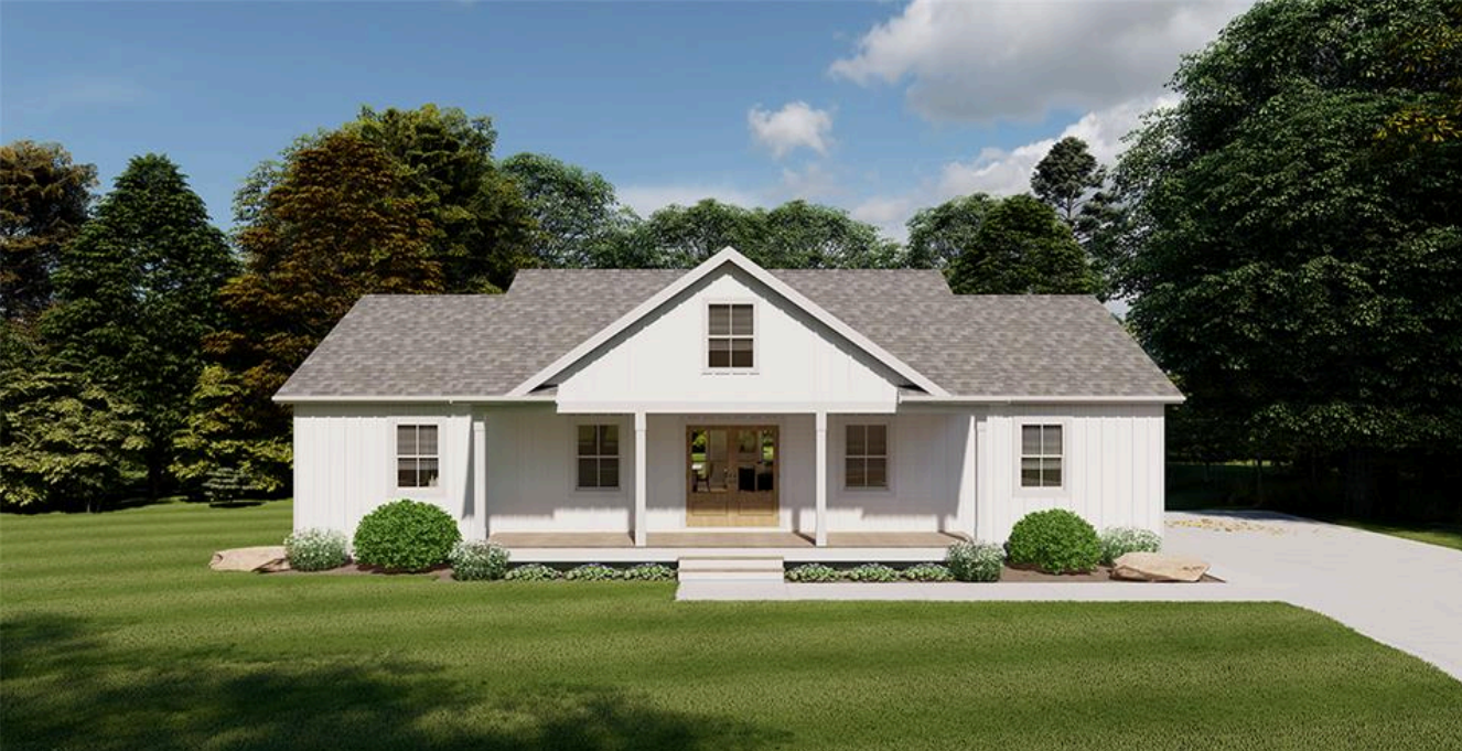 White single-story house with a front porch, gray roof, and a green lawn under a blue sky.