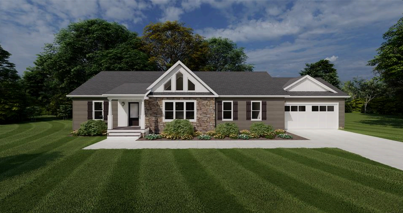 Single-story suburban house with gray roof, white trim, and a large green lawn under a blue sky