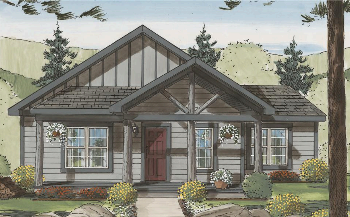 Front view of a modern gray house with a gabled roof, red front door, and landscaped yard