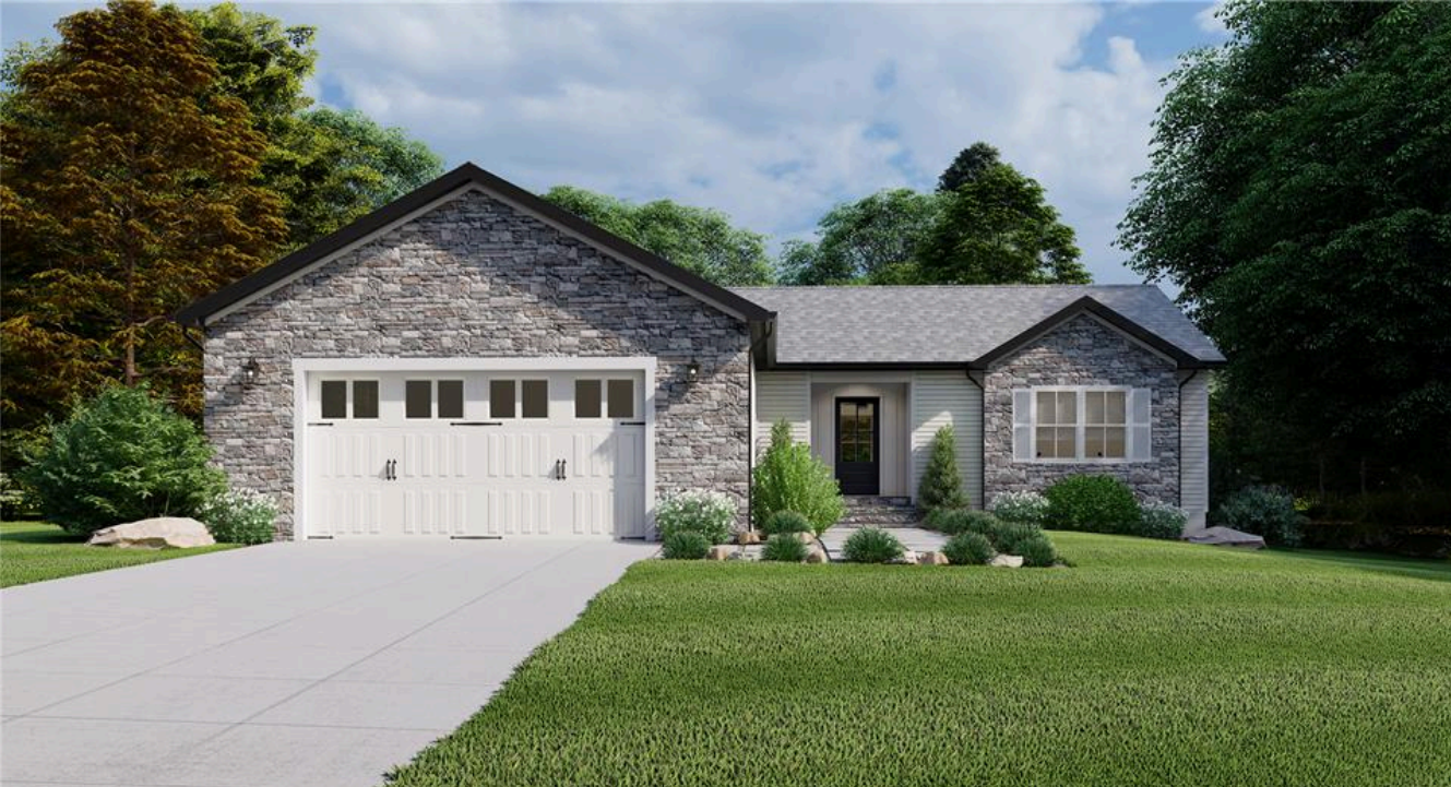 Single-story stone house with a two-car garage, driveway, and a manicured green lawn.