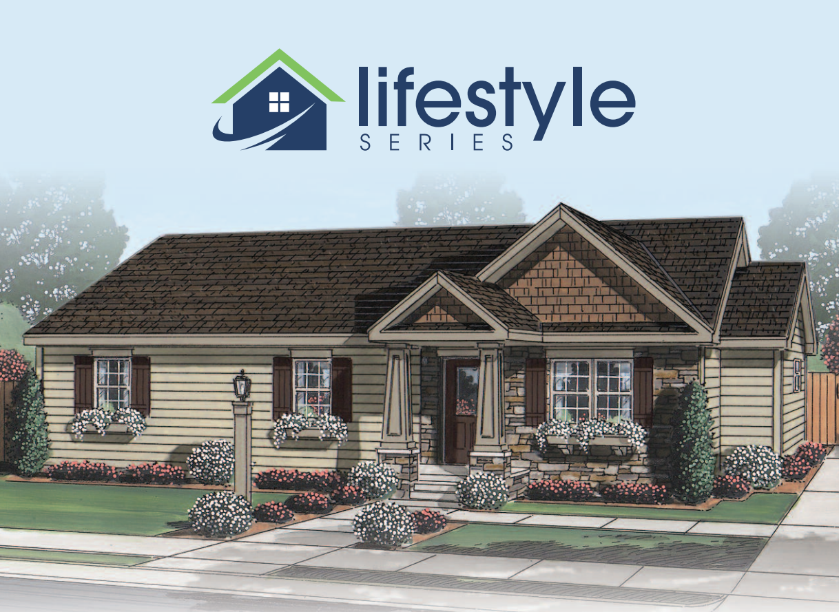 Illustrated single-story house exterior with front porch and landscaping, featuring the Lifestyle Series logo.