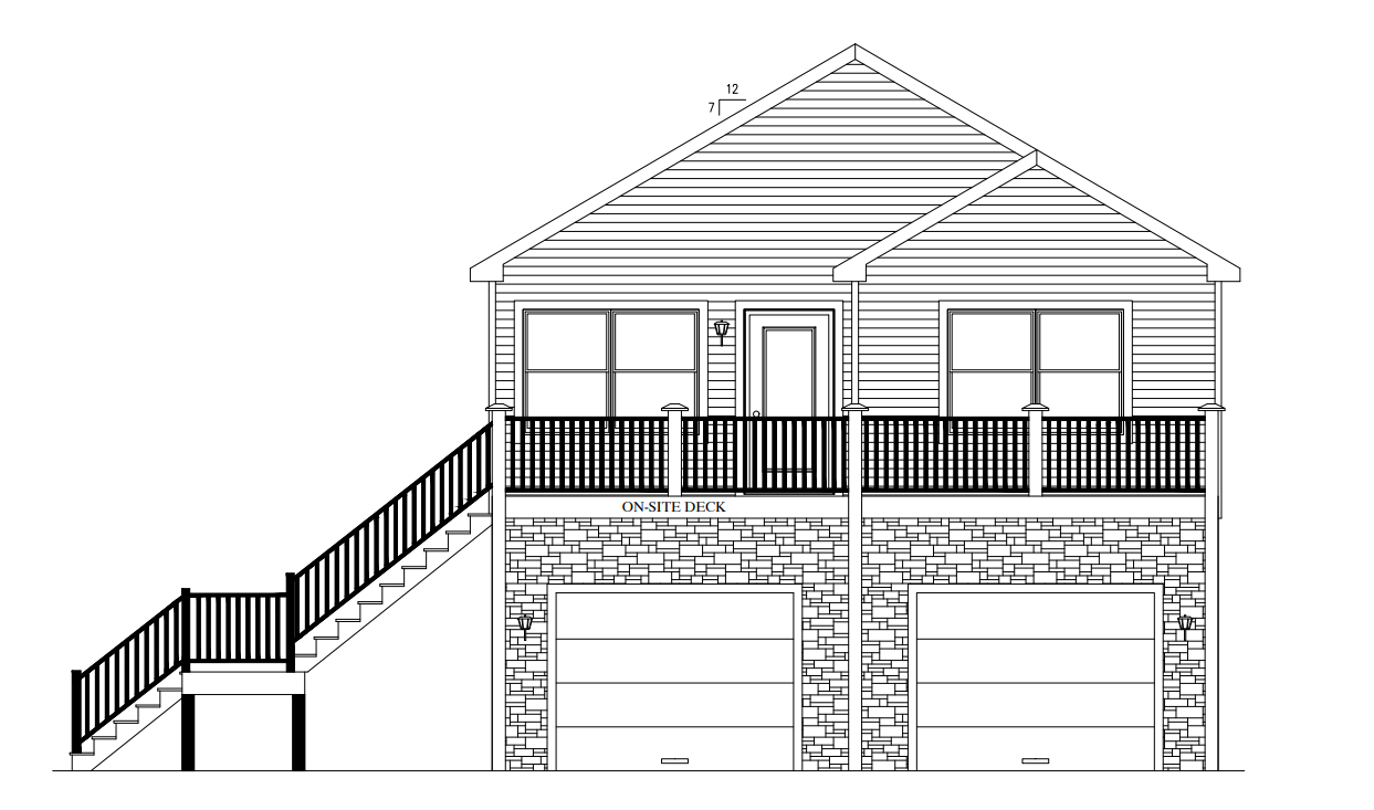 House elevation with exterior stairs, front balcony, and two garage doors underneath.