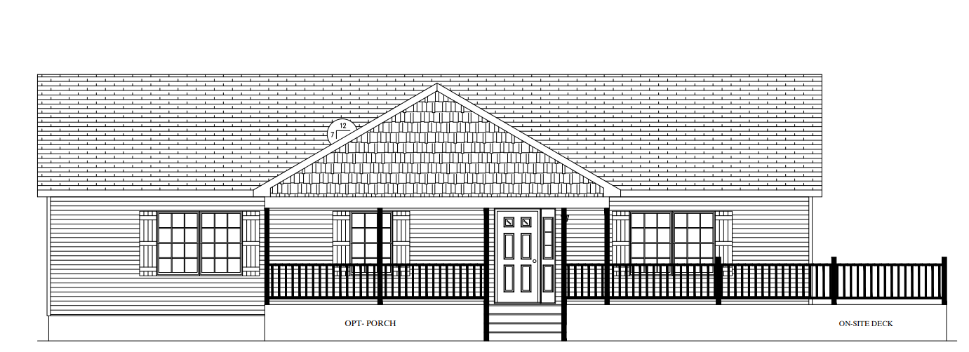 Architectural elevation of a building with a gabled roof and central entrance.