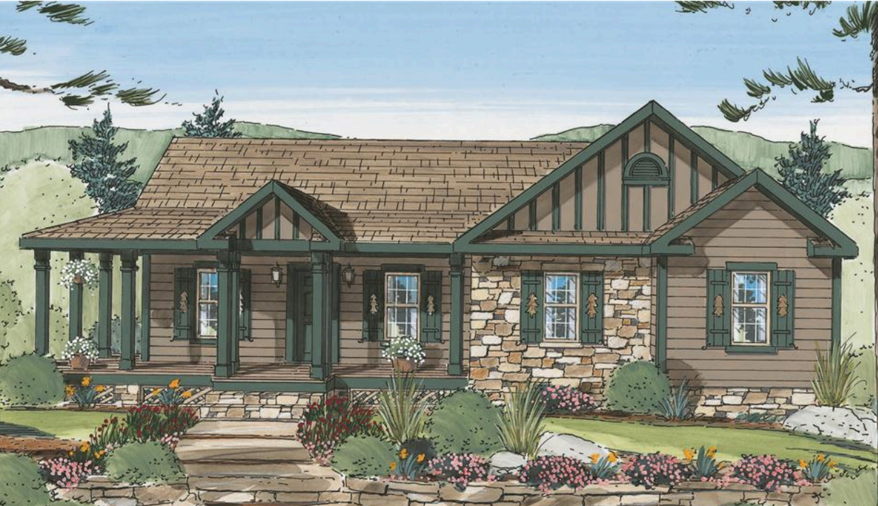 Illustrated craftsman-style house with stone and wood accents, gabled roof, front porch, and landscaped garden.