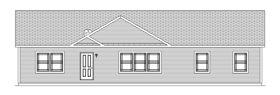 Front view of a small house with shingled roof, windows, door, and horizontal siding.