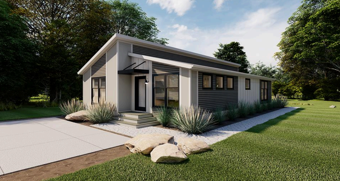 Modern single-story house with a gray exterior, front porch, and landscaped lawn under a bright sky.