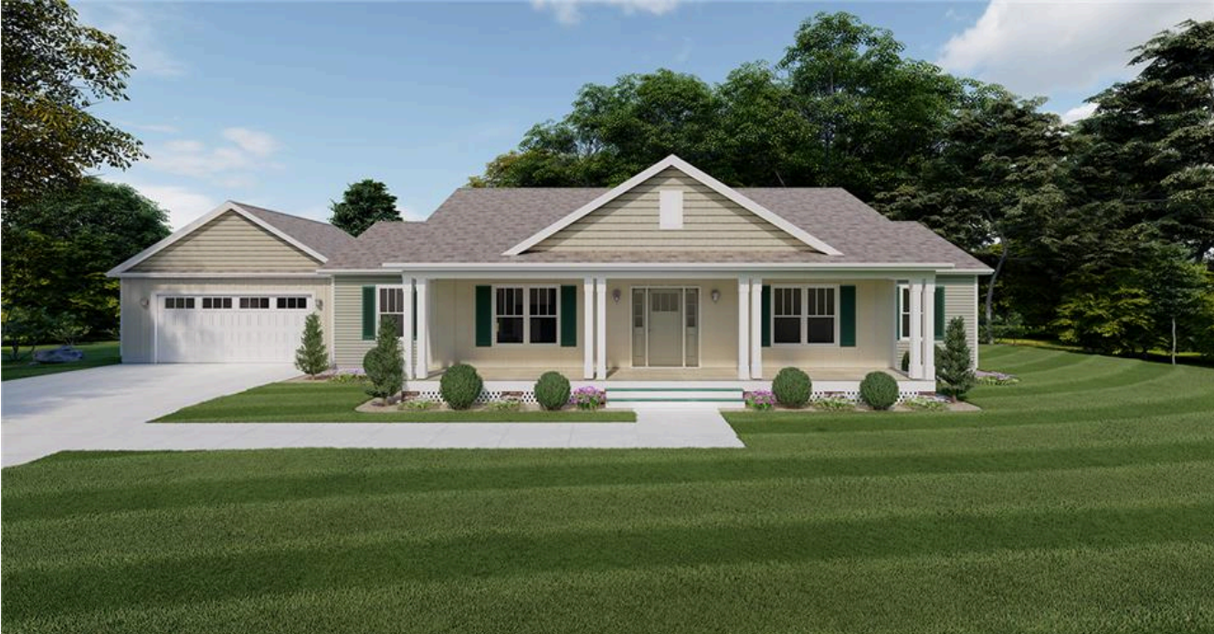 Single-story beige house with white trim, front porch, garage, and a wide green lawn under a clear sky.