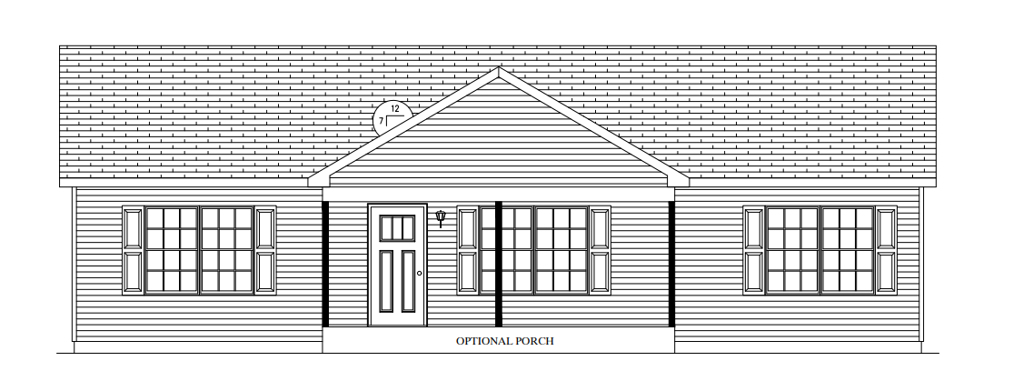 Black-and-white front elevation of a small house with porch, windows, and a centered front door.
