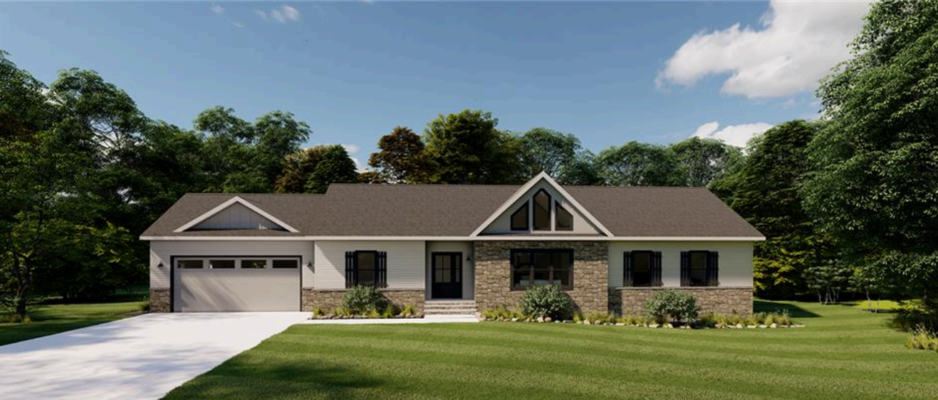 Single-story suburban house with beige siding, dark roof, attached garage, and a green lawn.