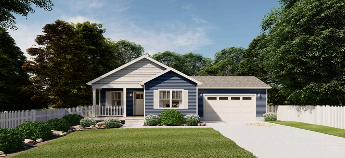 Single-story gray house with blue shutters, white fence, and a manicured lawn under a sunny sky.