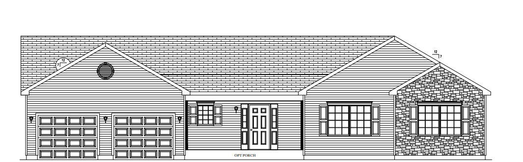 Black-and-white elevation drawing of a house with a garage and large front windows.