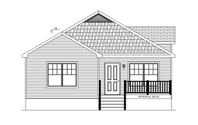 Front elevation drawing of a house with porch, steps, windows, and shingled roof sections.
