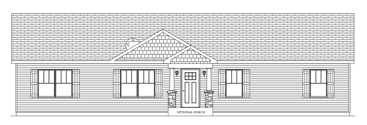 Architectural elevation of a single-story building with a central entrance and long horizontal windows.