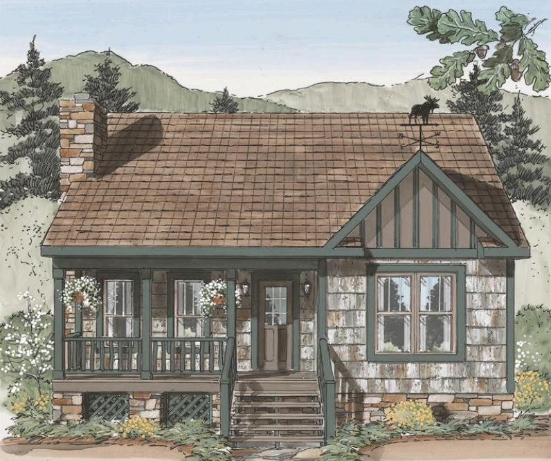 Small rustic cottage with stone walls, brown shingled roof, front porch, and mountain backdrop.