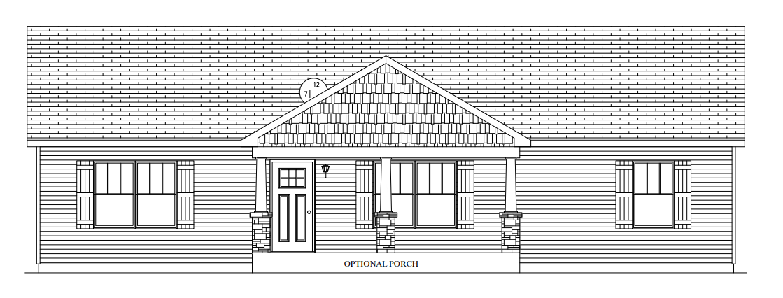 Architectural elevation of a house exterior with a central covered entry and front steps.