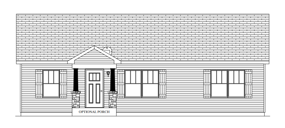 Front elevation drawing of a single-story house with a central front door, windows, and pitched roof.