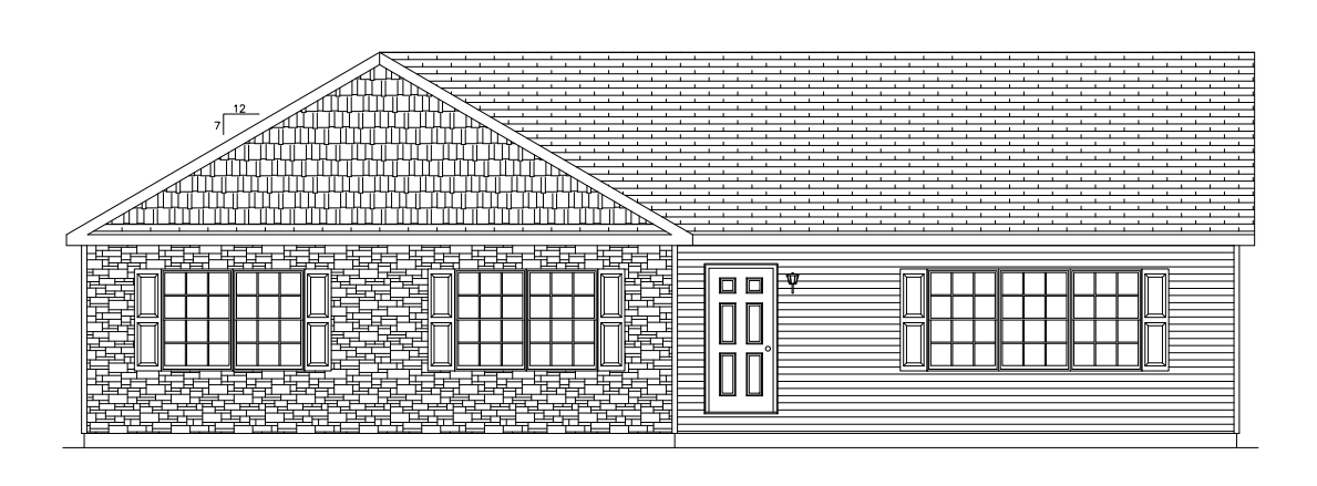 Line drawing of a single-story house exterior with a gabled roof, windows, and front door.