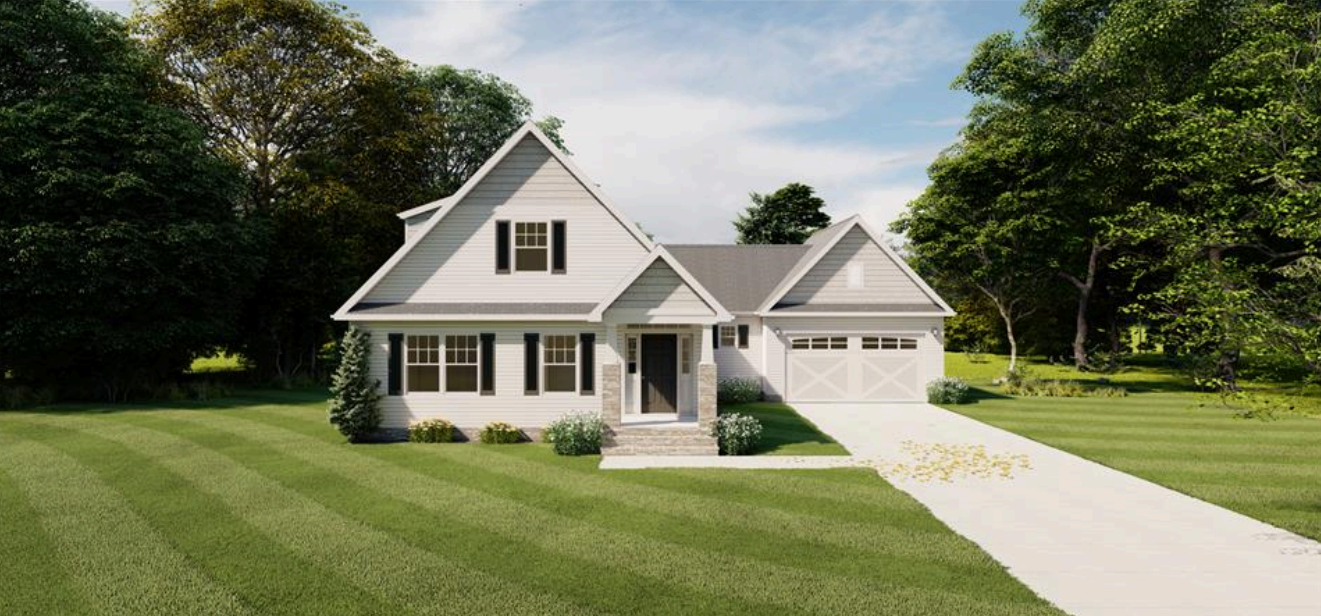 White suburban house with a gabled roof, front porch, and driveway beside a green lawn and trees.