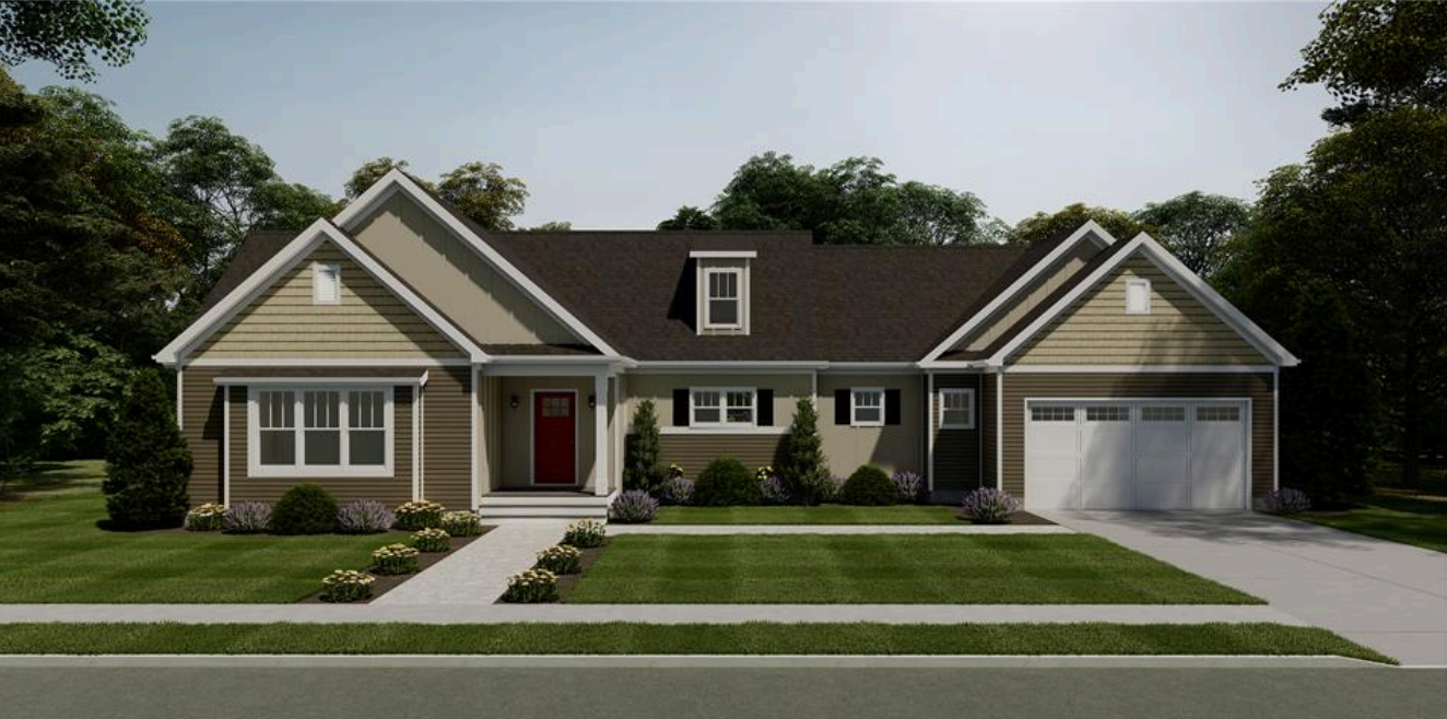 Single-story suburban house with gray siding, red front door, and two-car garage.