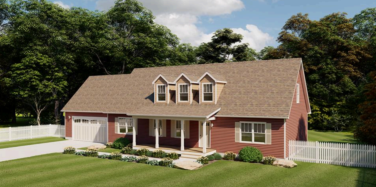 Red two-story suburban house with white trim, dormer windows, porch, and a picket fence.