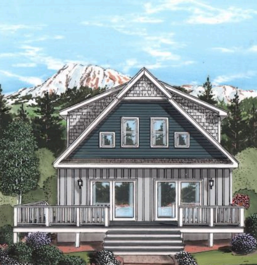 Cozy gray house with porch in front of trees and a snow-capped mountain.