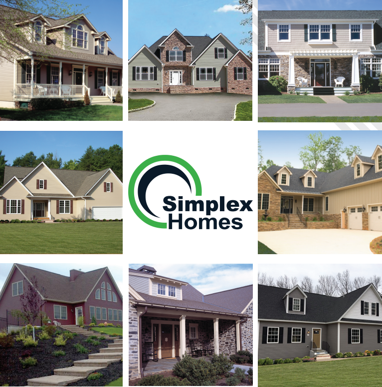 Collage of suburban houses surrounding the Simplex Homes logo, showing home exteriors in varied styles and colors.