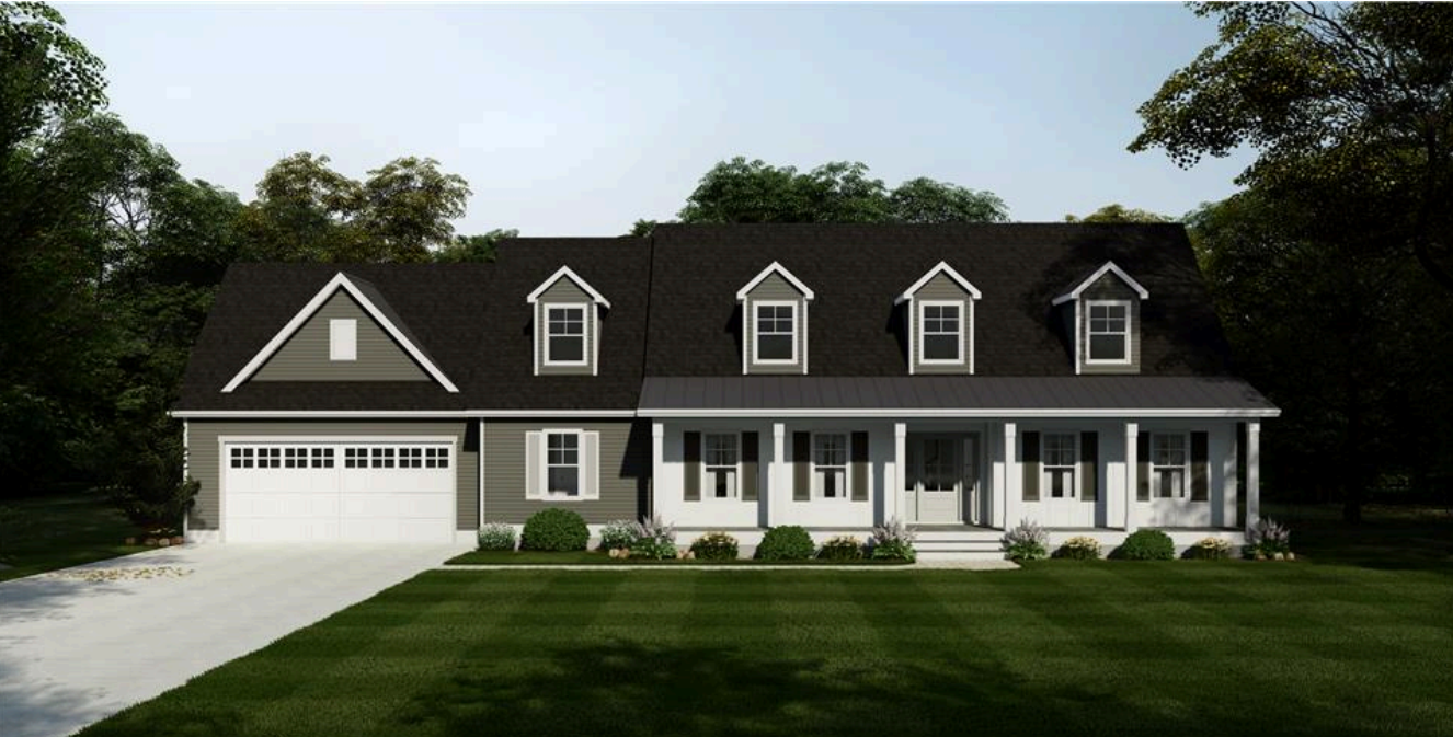 Large white house with black roof, front porch, garage, and a green lawn under a clear sky.