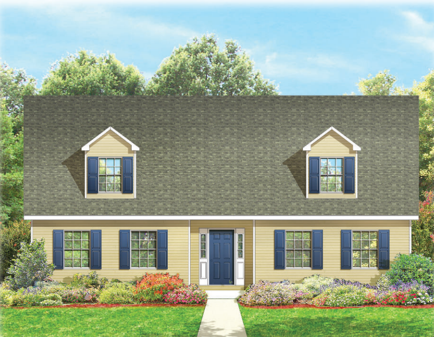 Two-story house with gray roof, blue shutters, and a front lawn under a clear sky.