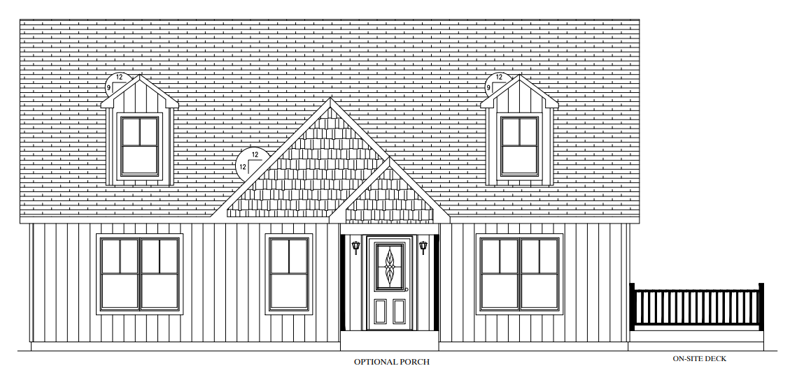 Front elevation of a two-story house with a central porch and adjacent deck railing, drawn in black and white.