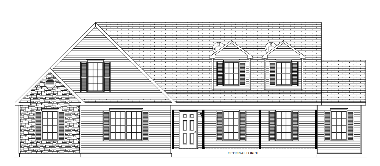 Black-and-white architectural elevation of a two-story house with shutters, dormers, and a stone entryway.
